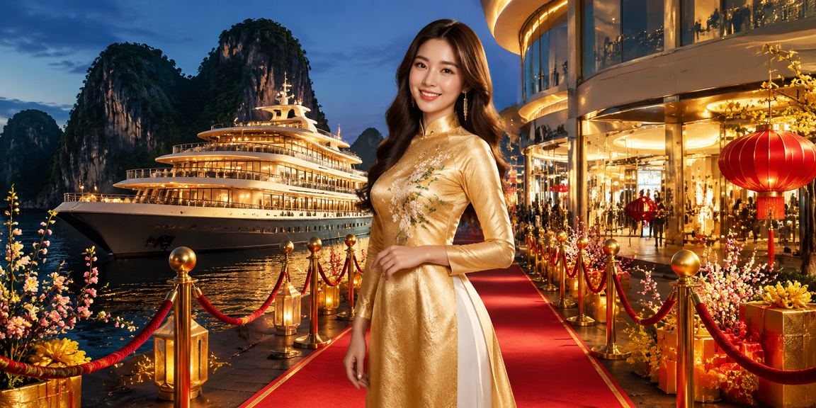 Phụ nữ Việt Nam trong trang phục áo dài tham gia cá cược trực tuyến bên vịnh Hạ Long